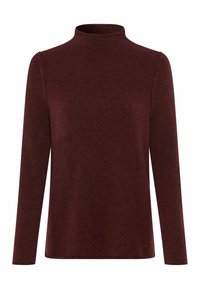 Pull col roulé à manches longues couleur bordeaux en tissu tricoté doux, avec une coupe décontractée et des détails minimalistes à l'ourlet.