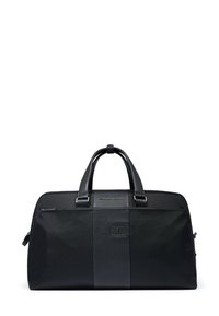 Bolsa de viaje negra con tejido texturizado, detalles en cuero liso, doble asa, bolsillo frontal con cremallera y detalle de logo.