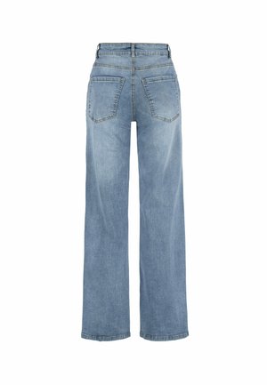Lichtblauwe wijde denim jeans met een hoge taille, twee achterzakken en zichtbare stiksels. Zachte textuur en casual ontwerp.