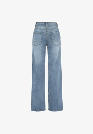 Hellblaue, lässige Denim-Jeans mit weitem Bein und hohem Bund, zwei Gesäßtaschen und sichtbaren Nähten. Weicher Stoff und lässiges Design.