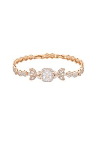Bracciale in oro rosa con intricati legami, una pietra quadrata centrale trasparente e motivi di foglia adornati con piccole gemme trasparenti.