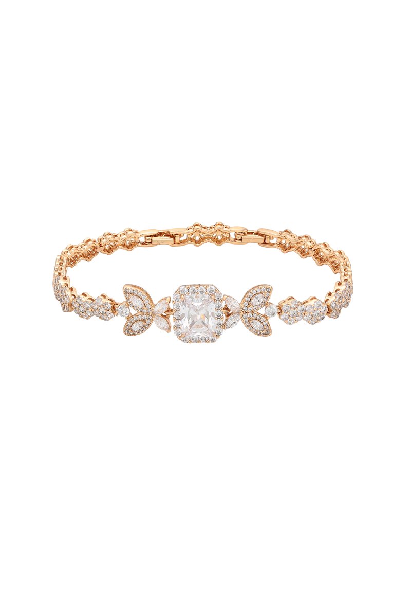Bracciale in oro rosa con intricati legami, una pietra quadrata centrale trasparente e motivi di foglia adornati con piccole gemme trasparenti.