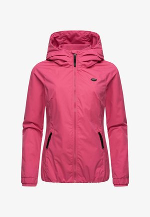 Roza lahka jakna s kapuco, sprednjim zadrgo, elastičnimi manžetami in dvema stranskima žepoma, ki imata črne zadrge. Gladek, vodoodporen material.