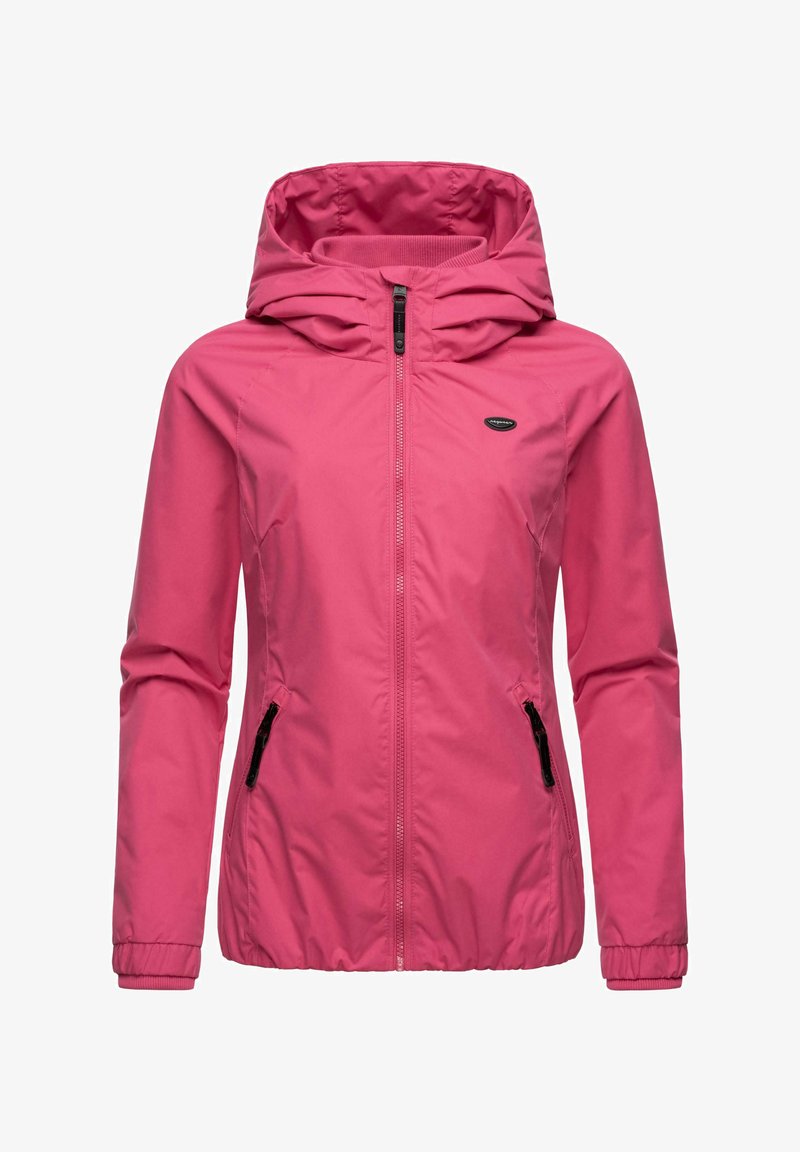 Roosa kerge jope kapuutsiga, eest lukuga, elastsete mansettidega ja kahe küljetaskuga mustade tõmblukkudega. Sile, veekindel materjal.