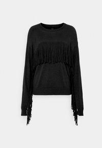 Pull noir en maille présentant un large design à franges sur le devant et des manches longues avec des accents de franges aux poignets.