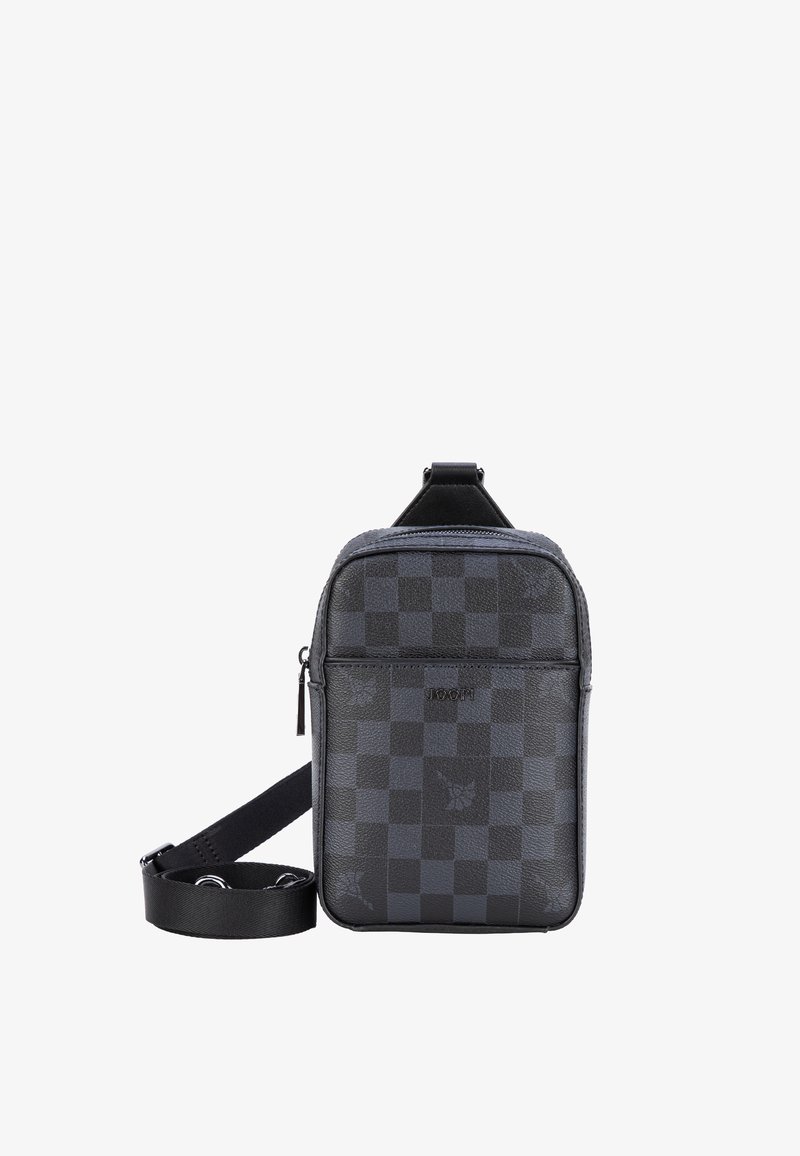 Borsa a tracolla nera a quadri in pelle strutturata, dotata di scomparto principale con cerniera, tracolla regolabile e dettaglio con logo.