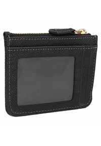 Carteira de pele preta com acabamento texturizado, apresentando uma janela para identificação transparente, um compartimento com fecho éclair e detalhes de costura em contraste.