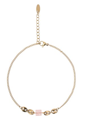 Guldarmbånd med en central lyserød rektangulær perle flankeret af ovale guldled og en justerbar lås.