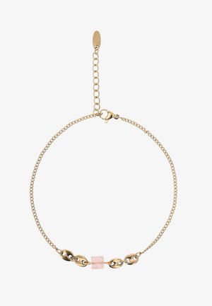 Goldkettchen-Armband mit einem zentralen, rechteckigen rosa Perlenstein, der von ovalen goldenen Gliedern umgeben ist, und einem verstellbaren Verschluss.