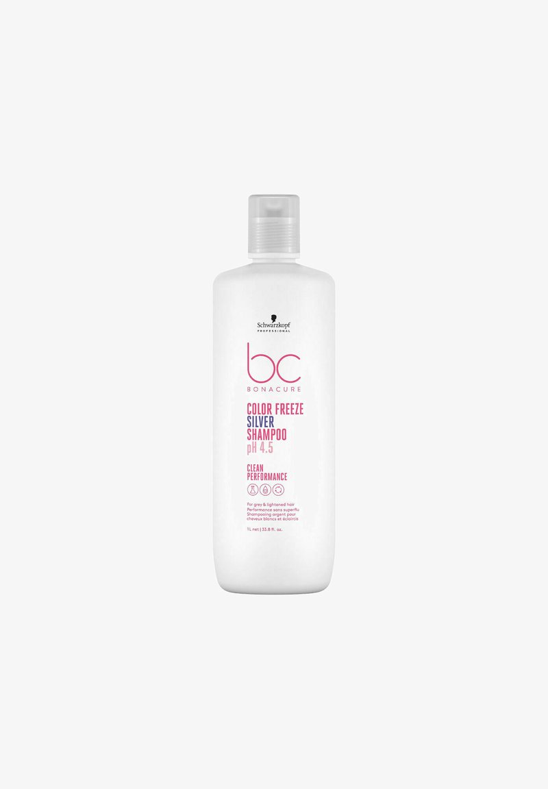 Bottiglia bianca di shampoo Schwarzkopf BC Bonacure Color Freeze Silver, 1L. Presenta testo rosa, un tappo trasparente e garantisce prestazioni pulite con pH 4.5.