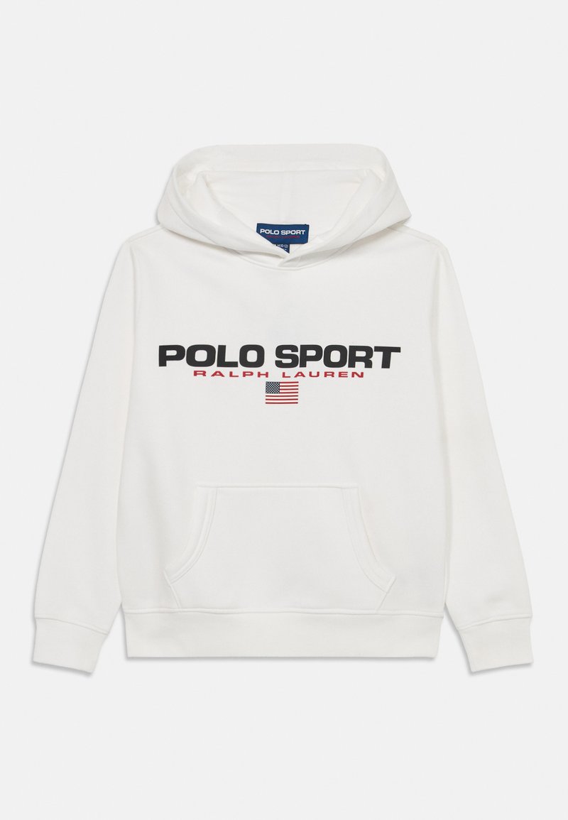 Bela kapuca s puloverjem s sprednjo žepom, tekst "POLO SPORT RALPH LAUREN" in majhna ameriška zastava na prsih.