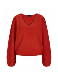 Roter, kurz geschnittener Strickpullover mit tiefem V-Ausschnitt, langen Ärmeln und weicher Textur. Keine auffälligen Muster oder Hardware sichtbar.