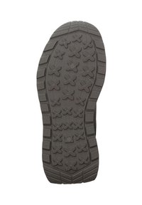 Czarna gumowa podeszwa buta z bieżnikiem z uniesionymi krzyżami i rowkami zapewniającymi przyczepność, zaprojektowana z myślą o stabilności i gripie.