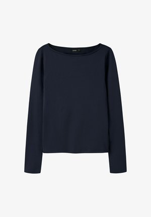 Ensfarvet navyblå langærmet bluse med rund hals, vist på hvid baggrund. Ingen synlige mønstre eller logoer.