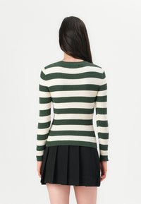 Groen en crème gestreepte ribbeltrui met een ronde hals en lange mouwen, gecombineerd met een zwarte plissérok. Gladde textuur.