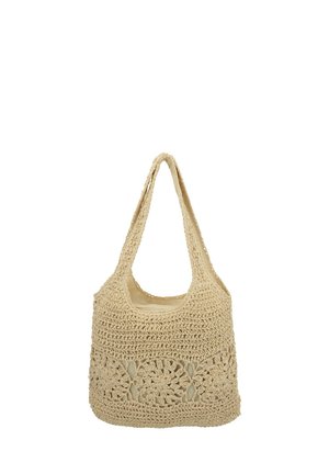 Beige gehäkelte Schultertasche mit floralem Lochmuster und durchgehendem Stofffutter, ausgestattet mit einem breiten Riemen und rechteckiger Form.