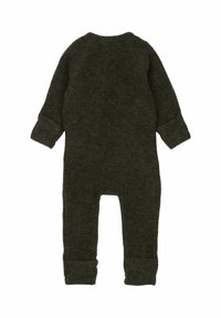 Sötétzöld, puha gyapjú kezeslábas hosszú ujjakkal, mandzsettás csuklókkal és kerek nyakkivágással. Texturált anyag, varrás nélküli hátoldali kialakítással.