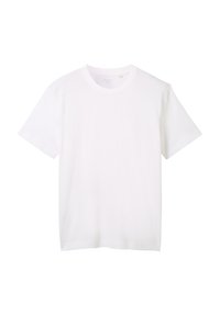 Camiseta de algodón blanca de manga corta, con un escote redondo y una textura limpia y suave. Diseño sencillo sin patrones ni acentos.