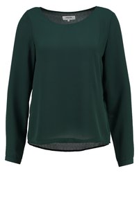 Blusa lunga a maniche lunghe verde scuro con collo rotondo e un tessuto morbido e leggero. Presenta un orlo dritto e un design minimalista.