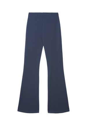 Pantaloni svasati blu navy realizzati in tessuto elasticizzato, con vita alta e texture liscia, caratterizzati da un design pulito senza cuciture.