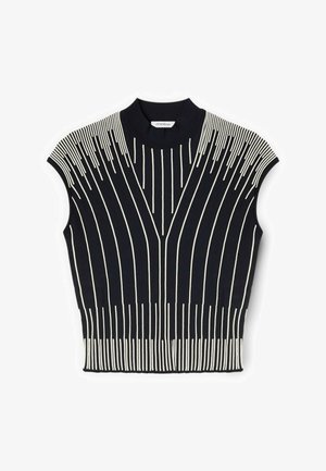 Zwart mouwloos gebreid topje met witte verticale strepen die in het midden samenkomen, hoge ronde halslijn en geribde zoom en mouwen.