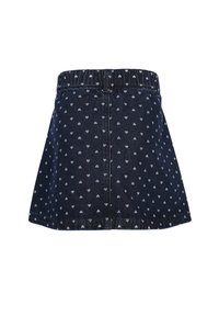 Jeansrok met een uitlopende vorm, donkerblauwe kleur en een klein hartjespatroon in lichtblauw. Elastische tailleband en afgeronde randen.