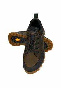 Un paio di scarpe da trekking marroni e nere con suole marroni robuste e lacci neri, una scarpa appoggiata sopra l'altra su uno sfondo bianco.