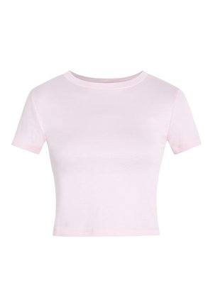 Light pink short-sleeve crop top made of smooth fabric, featuring a round neck and a fitted design for a close-to-body fit.