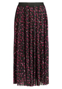 Jupe maxi avec une base noire uni, ornée d'un motif de formes abstraites roses, blanches et rouges. Conception légère, plissée, avec une taille élastique.