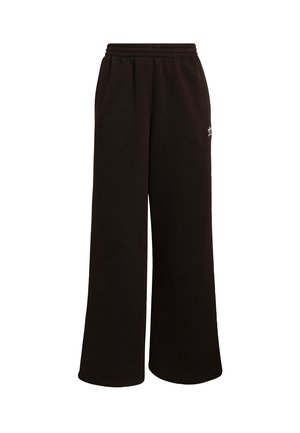 Czarne dresowe spodnie o szerokich nogawkach, wykonane z miękkiej tkaniny, z elastycznym pasem i małym logo po boku.