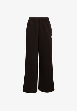Pantalones deportivos negros de pierna ancha confeccionados con tela suave, con cintura elástica y un pequeño detalle de logo en el lateral.