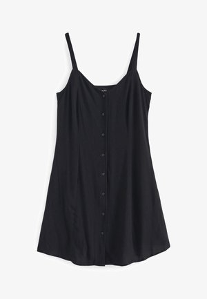 Robe noire sans manches avec des bretelles spaghetti et un devant à boutons. Tissu doux et texturé. Silhouette fluide avec une coupe décontractée.