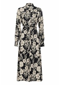 Długa czarna sukienka koszulowa z białym tropikalnym nadrukiem, z guzikami z przodu, długimi rękawami, kołnierzykiem i paskiem w talii.