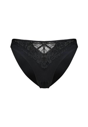 Czarne damskie majtki w stylu bikini z kwiatową koronką na przednim panelu.