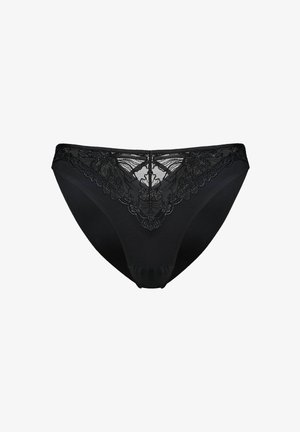 Czarne damskie majtki w stylu bikini z kwiatową koronką na przednim panelu.