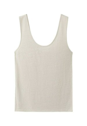 Bež bezrukavnik s okruglim izrezom, jednostavnog dizajna i mekanom teksturom tkanine, položen ravno na bijelu pozadinu.