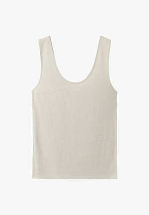 Bež bezrukavnik s okruglim izrezom, jednostavnog dizajna i mekanom teksturom tkanine, položen ravno na bijelu pozadinu.