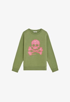 Groene sweatshirts met een grote roze zebrapatroon schedel en gekruiste beenderen afbeelding aan de voorkant, met lange mouwen en geribbelde manchetten.