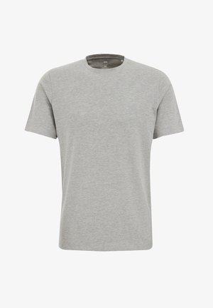 Tricou din bumbac gri, cu gât rotund și mâneci scurte. Design simplu, textură netedă și croi drept, potrivit pentru îmbrăcăminte casual.