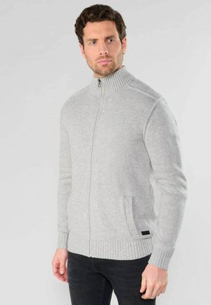 Light grey zip-up sweater with a high collar, ribbed cuffs, and hem; features a side pocket and a smooth, textured fabric.