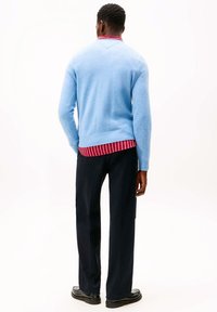 Maglione azzurro chiaro a maglia con scollo a V e orlo a coste, indossato sopra una camicia a righe rosse e bianche, abbinato a pantaloni blu navy e scarpe nere.