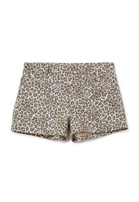 Pantalones cortos de estampado de leopardo en beige y marrón, con cierre de botón, cuatro bolsillos y una tela suave y ligera para mayor comodidad.