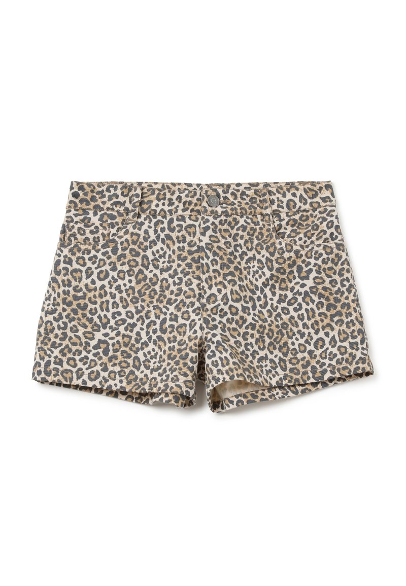 Pantalones cortos de estampado de leopardo en beige y marrón, con cierre de botón, cuatro bolsillos y una tela suave y ligera para mayor comodidad.