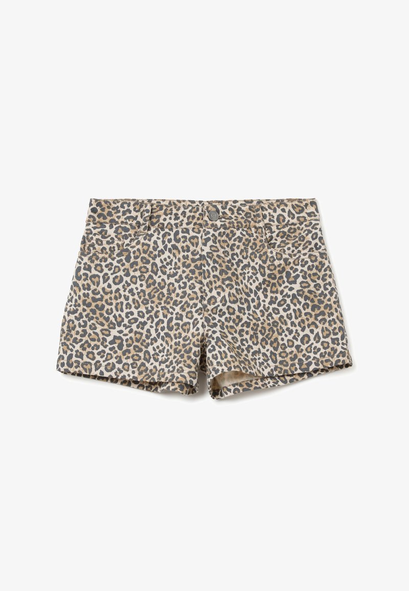 Pantalones cortos de estampado de leopardo en beige y marrón, con cierre de botón, cuatro bolsillos y una tela suave y ligera para mayor comodidad.
