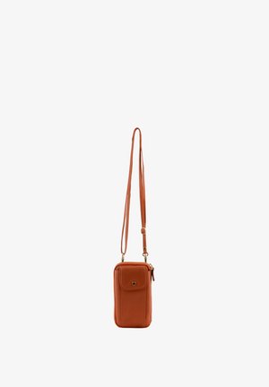 Petit sac bandoulière rectangulaire en cuir marron avec poche avant à pression et sangle longue réglable.
