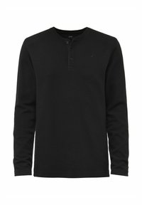 Czarna, długosleeve'owa koszula henley z teksturowanej tkaniny, z trzema guzikami na plastrze oraz małym haftowanym emblematem na klatce piersiowej.