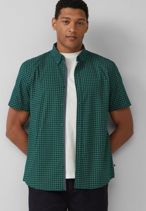 Korte mouwen shirt in donkergroen met een geometrisch patroon, gemaakt van lichtgewicht stof, met een button-down kraag en zichtbare knopen.