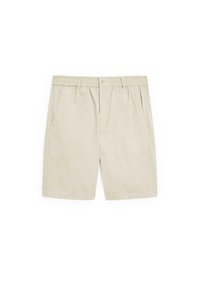 Beige shorts van lichtgewicht stof, met een elastische tailleband, twee zijzakken en een eenvoudige, effen uitstraling zonder patronen.