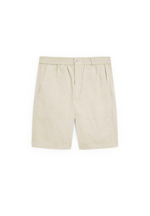 Pantaloni corti beige realizzati in tessuto leggero, con una cintura elastica, due tasche laterali e un design semplice senza fantasie.