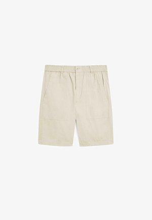 Pantaloni corti beige realizzati in tessuto leggero, con una cintura elastica, due tasche laterali e un design semplice senza fantasie.